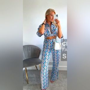 Zara linen blend pants geometric print